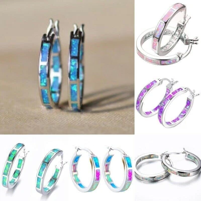 $4.08 • Buy 925 Silver Romantic Fire Opal Hoop Earrings Women Drop Dangle Wedding Jewelry