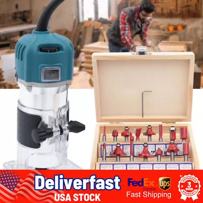 Wood Router Tool Compact Trim Router With 6 Variable Speed 15 Wood Router Bits • $48.48