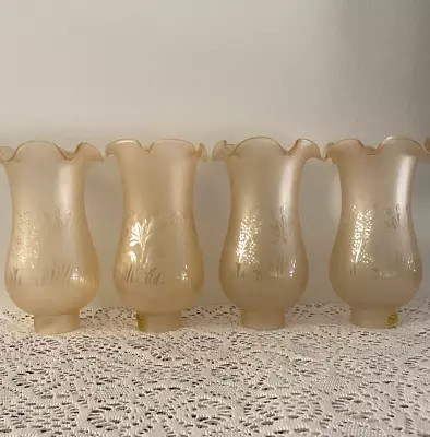 4 Vintage French Vianne Frosted Etched Amber Glass Shades 1 3/4  Fitter • $149