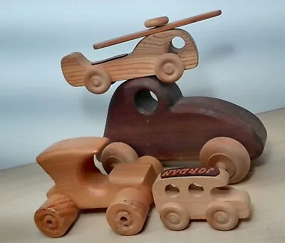 Vintage Handmade Wooden Cars And Helicopter Toys Lot Of 4 • $11