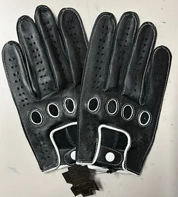 Men's Leather Driving Gloves With Knuckle Holes BLACK With Whit Trim With Touch • $7.99