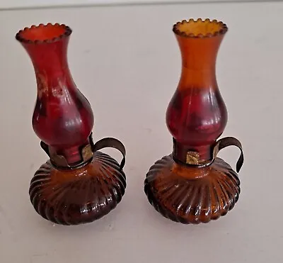 Pair Vintage Very Miniature Red Oil Lamp Style / Doll House Lighting / Perfume? • $10