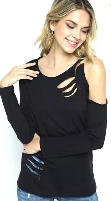 Vocal Apparel Cold Shoulder Laser Cut Laser W/Black Stone Details • $26.99