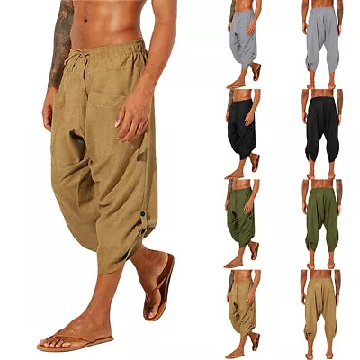 Mens Cotton Linen 3/4 Harem Pants Yoga Casual Loose Baggy Beach Hippie Trousers • $20.69
