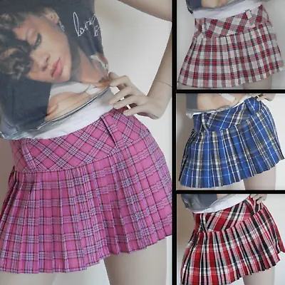 New Ladies Women Micro Mini Hipster Tartan Kilt Side Zip Pleated Skirts • £8.99