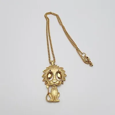 Vintage Lion With Dangling Eyes Gold Tone Textured Pendant Necklace 18  Novelty • $14.99