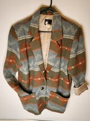 Vtg First Option Blazer Aztec Sm Jacket Wool Blend Southwest Boho Shoulder Pads • $29.90