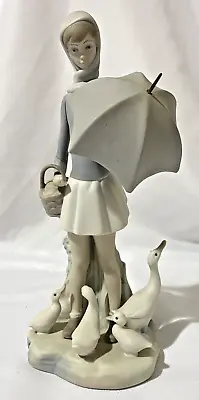Lladro Girl With Umbrella Basket Ducks & Geese Porcelain Retired Figurine 4510 • $69.95