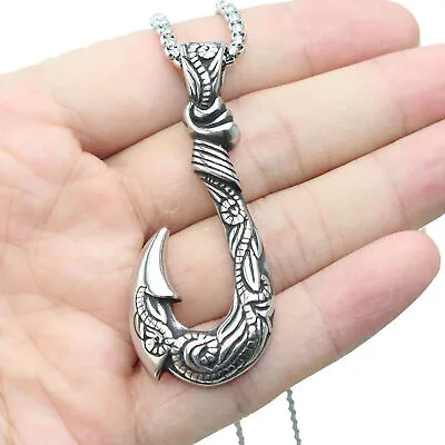 Stainless Steel Cool Mens Hawaiian Fishing Fish Hook Viking Pendant Necklace • $6.99