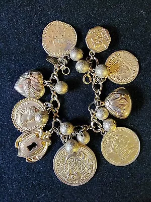 Vtg Accessocraft NYC Roman Revival Charm Coins Faux Gold Bracelet Fleur De Lis • $13.99