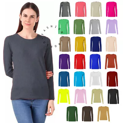 Ladies Plain Long Sleeve Crew Neck Womens Stretchy Tee T-Shirt Top UK Size 8-26 • £5.99