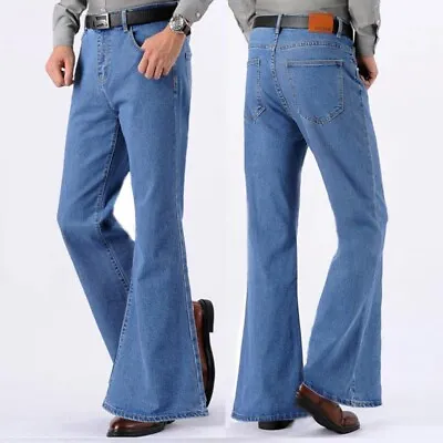 Men Bell Bottom Jeans Flared Denim Pants Retro 60s 70s Trousers Slim Fit Casual • $33.06