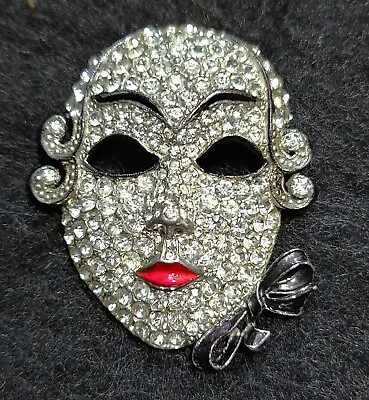 RARE Vintage 1940 Mazer Rhinestone Enamel Venetian Face Mask W Bow Tie Pin Clip • $495