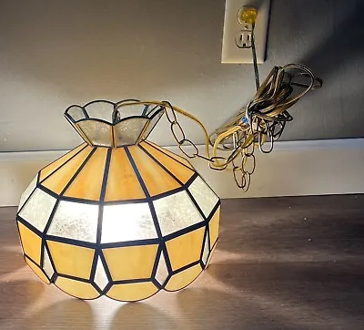 Vintage 80s Swag Hanging Lamp Stained Glass Pendant Light Beige/Brown • $68