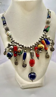 Vintage Necklace Tribal Design SilverTone Murano / Millefiori Glass Bead Dangles • $27.99