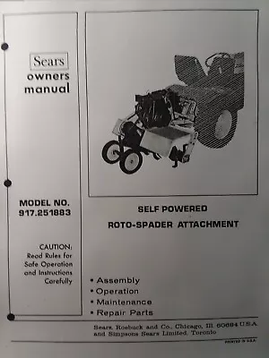 Sears​ Garden Tractor 3-Point 8 HP Roto Tiller Owner & Parts Manual 917.251883 • $63.99