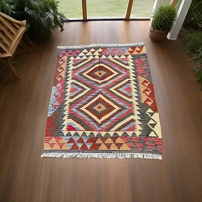 Afghan Kilim Rug Unique Handmade Accent For Boho Interiors SIZE 118X102cm • $159