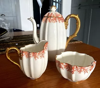 Antique Coalport Quatrefoil Teapot Milk Jug And Sugar Bowl. Seaweed Pattern • £200