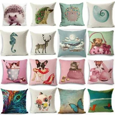 Cushion Cover Cute Cartoon Animals Cotton Linen  Home Decor Pillow Case • £4.79