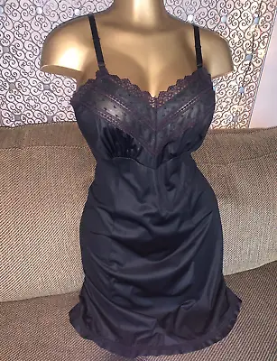 Vintage Silky Soft Nylon Black Lace Full Slip Dress Lingerie • $24