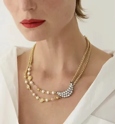 $32.99 • Buy J Crew Celestial Noon Clear Crystal Gold Layered Chain Pearl Necklace NWT NEW🌙