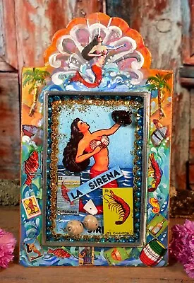 Mermaid La Sirena Tin Retablo Sea Shells Handmade Hand Painted Mexican Folk Art • $49