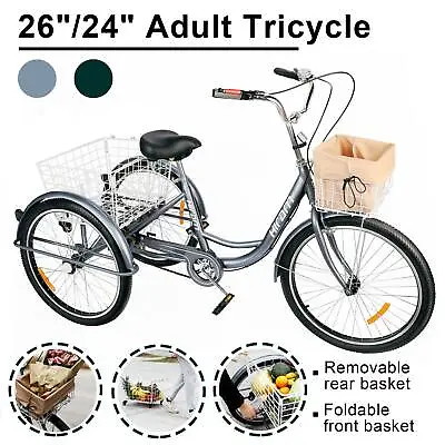 $268.99 • Buy 24 /26  Adult Tricycle Trike 3-Wheel Cruiser Bike W/ Removable Basket Shopping