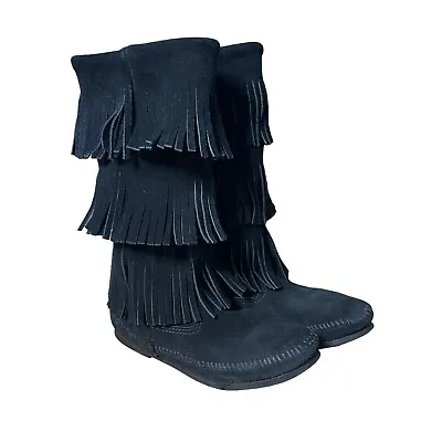 Minnetonka Moccasin Boots Womens 7 Black 3 Layer Fringe Suede Leather Tall Flat • $27.99