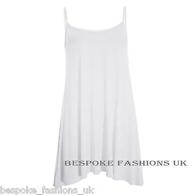Women's Plain Cami Stretchy Flared Ladies Swing Mini Dress Long Vest Top 8-22 • £8.08