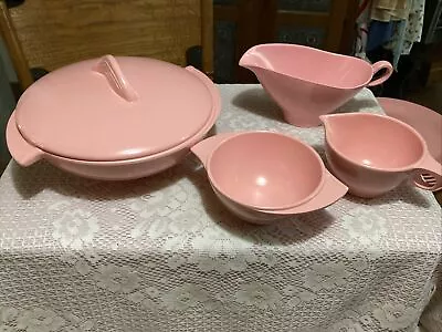 Vintage Pink Boonton Ware Creamer Sugar Gravy Devided Wing Bowl W/ Lid MCM • $25.99