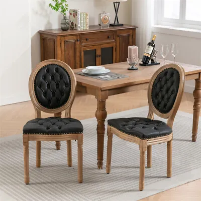 Set Of 2 French Country Solid Wood PU Leather Upholstered Dining Chair Black • $171.99