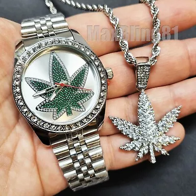 Men Iced Silver Pt Metal Watch & Hip Hop Jewelry Marijuana Leaf Necklace Set  • $12.99