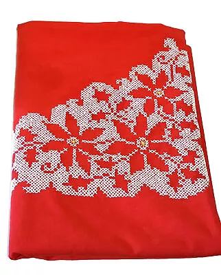 VTG Red And White Christmas Cross Stitch Embroidery Tablecloth Poinsettias • $13.99