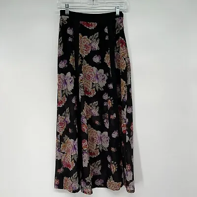 MinkPink Long Skirt Women's Sz XS Black Purple Rose Allover Floral Print Sheer • $16.99
