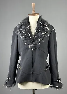 THIERRY MUGLER Black Wool Faux Fur Belted Zip Up Coat Jacket Blazer Size M/L • $399.99