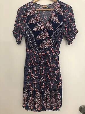 Angel Biba Blue Printed Wrap Dress W Tier Skirt Short Sleeve Size 12 • $16.50