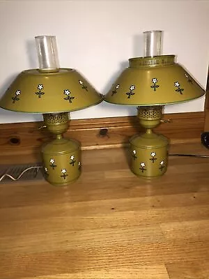 1960s Hand Painted Green Tole Floral Daisy Set 2 Table Lamps Canister Retro Mcm • $129.99