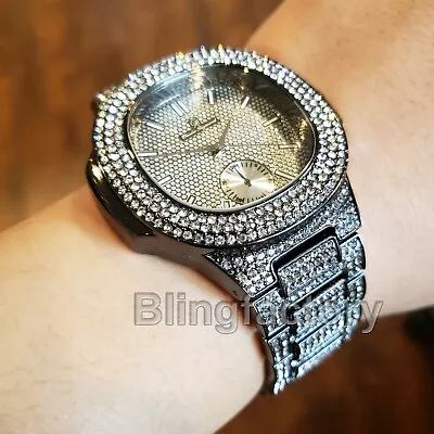 Men's Luxury Bling Black Simulated Diamond Bracelet Hip Hop Metal Watch • $27.99