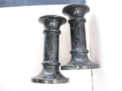 SET/2 Vintage Green Marble 5  Candlestick Holder Pair Polished PRE-OWNED • $30