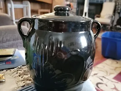 Vintage Stoneware Glazed Pottery Cookie Jar Western Motif Black Cactus Desert • $25.99