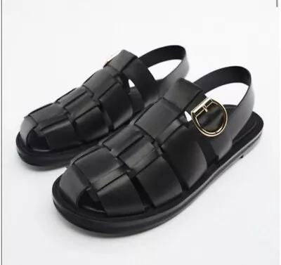 NEW Zara Leather Fisherman Black Cage Sandals Size 9 Women • $65