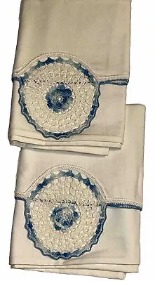 Vintage Hand Crocheted Pair Of Standard Pillowcases Cream Case Blue Flower 20x32 • $17.80