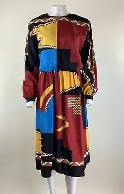 Vintage 1980's Mr. Mort Sz 8 Graphic Print Midi Dress Multicolor Polyester   AA • $43.99