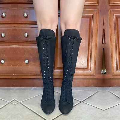 $135 • Buy Vintage 80s Suede Leather Lace-Up Knee High Victorian Granny Boots