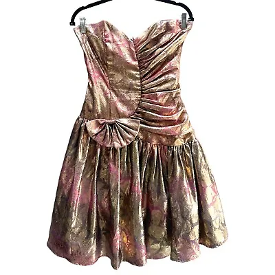 80s Gold Metallic Sweetheart Strapless Prom Party Mini Dress Pink Purple Ombre • $175