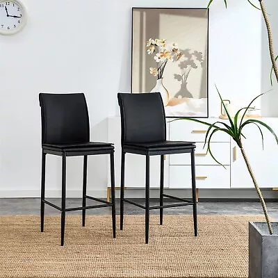 Set Of 2 Bar Stools Modern Kitchen Counter Height Leather Dining Chair Black • $117.99