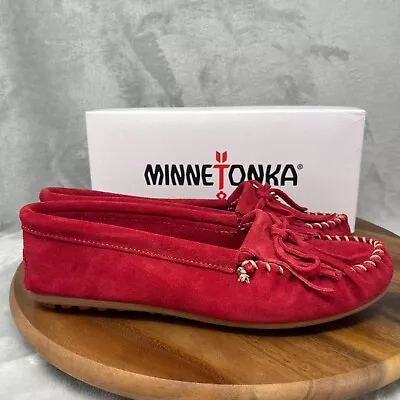 Minnetonka Shoes Womens 10 Cherry Red Suede Kilty Bow Hardsole Moccasin 406 • $49.99