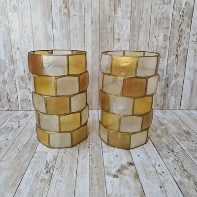 Pair Of Vintage 1970s Capiz Shell Lightshade Ceiling Light Pendant Tall 20cm • £29.99