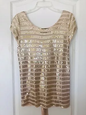 The Original Inc Peach Gold Sequins Open Back Top Blouse Cap Sleeves Size Large • $19.99