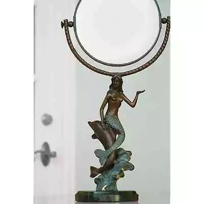 Multicolor Brass Coastal Marble Mermaid & Dolphin Tabletop Glass Mirror • $330